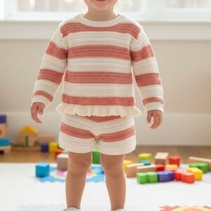 Jessica Simpson Toddler Girls 2pc Knit Summer Outfit Coral Cream Striped 4T NWT